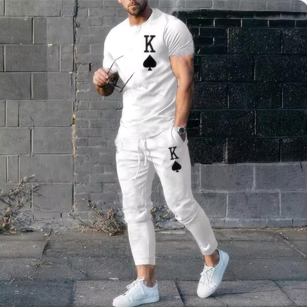 Summer Men's Top 3D Printed Casual Streetwear Retro Sportswear Short Sleeved T-shirt Long Sleeved Sweatpants Two-piece Set