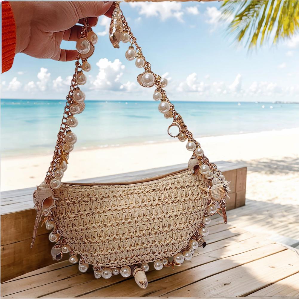 

Women Pearl Conch Handbag Breathable Trendy Beaded Shoulder Bag Handwoven Shiny Pearl Clutch Bag Commute Party Shoulder Bag бежевый