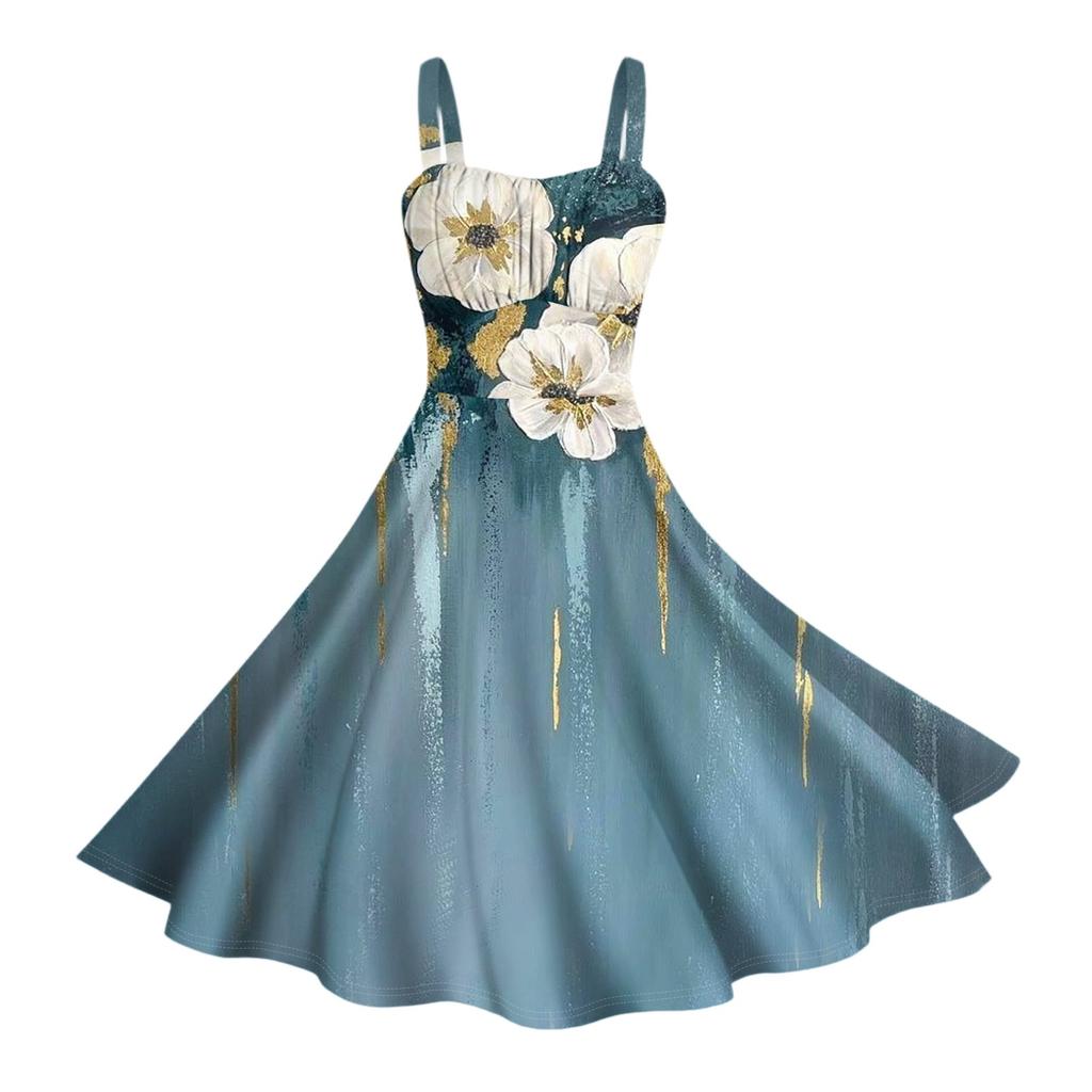 Damen Vintage Ärmellos Plissiert Patchwork Niedlich A-Linien Saum Blumendruck Kleider