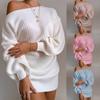 Lässiges Europäisches Off-Shoulder Strickkleid mit Laternenärmeln