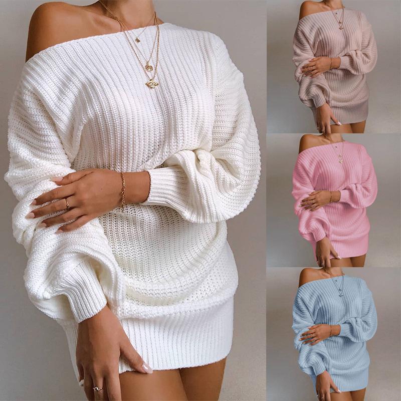 Lässiges Europäisches Off-Shoulder Strickkleid mit Laternenärmeln