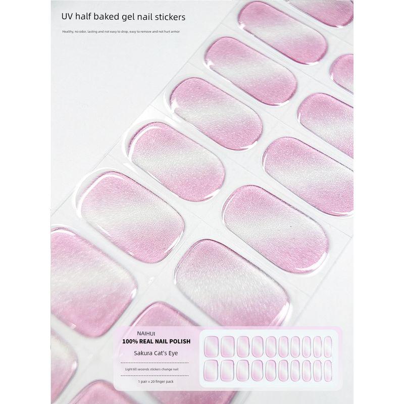 

[Pink Gradient Cat s Eye] Second Generation Gel Phototherapy Nail Stickers Classy Semi-Cured Semi-Baked Nail Sticker White Sakura Cat s Eye [20 Fingered Light]]