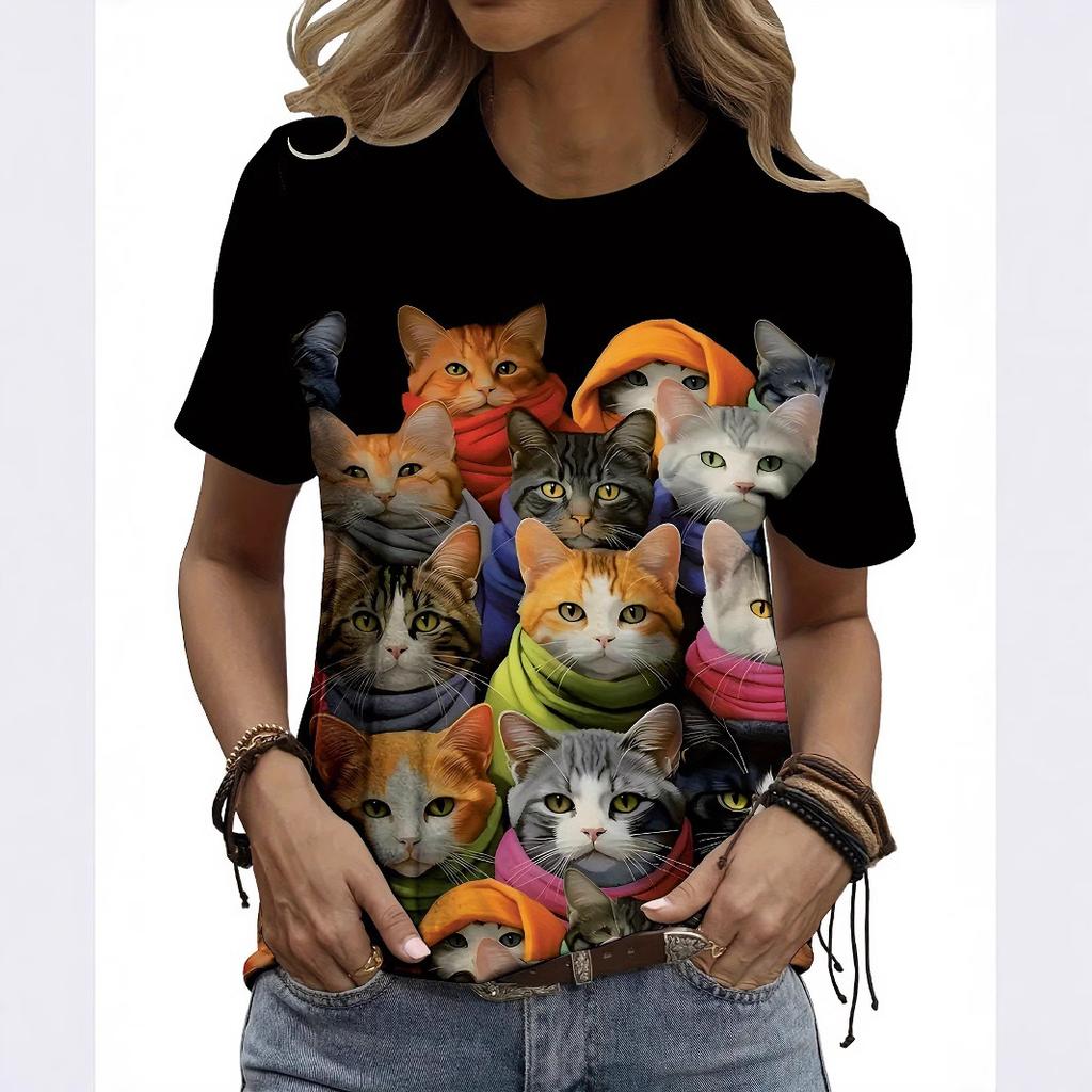Summer Round Neck 3D Animal Print T-shirts Fashionable Casual Short Sleeved Women's T-shirts