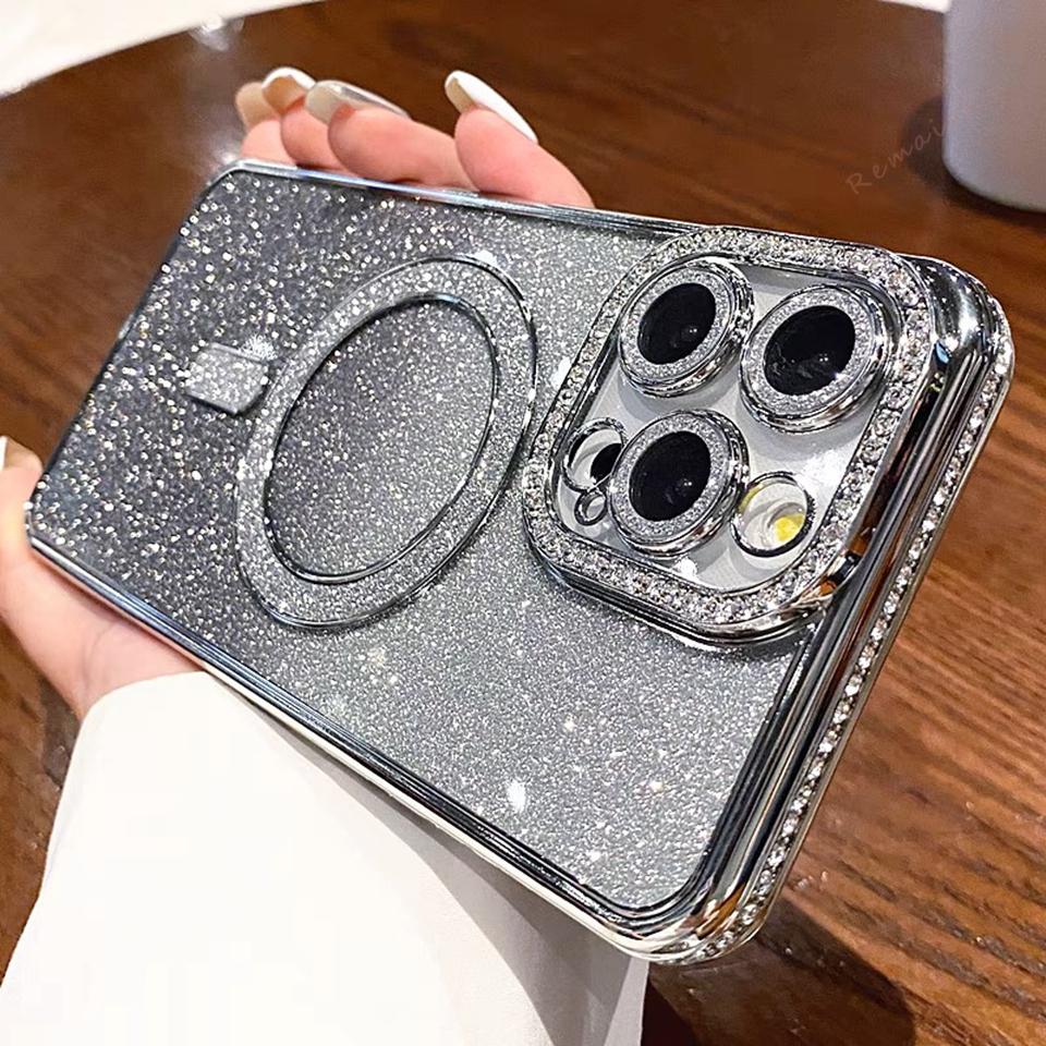 Bling Glitter Diamond Magnetic Case For iPhone 17 Air 16E 16 15 14 Plus 13 11 12 16 17 Pro Max Transparent Protector Cover