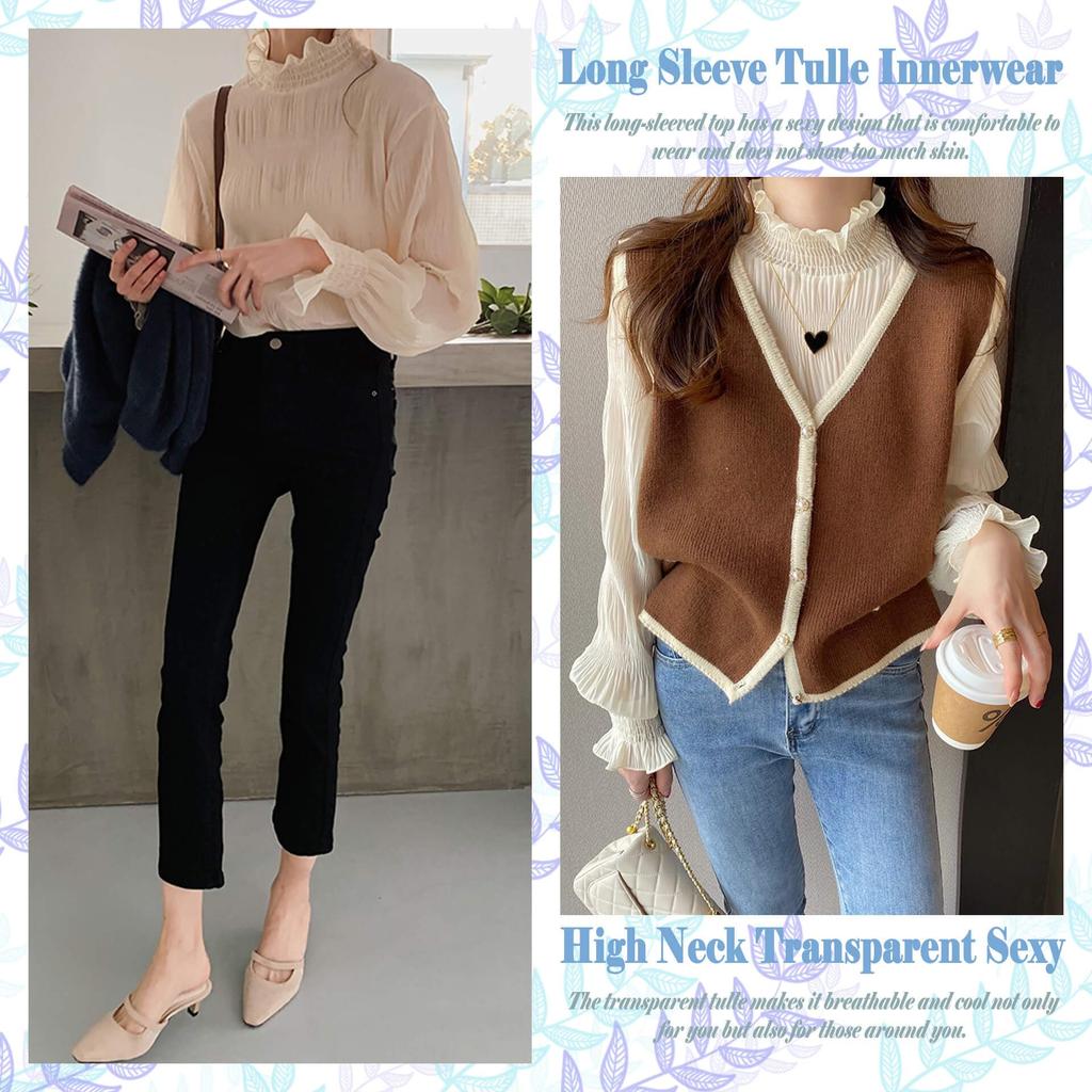 Petite High Neck Sheer Top with Long Sleeve Tulle Sexy Blouse with Lace Sheer Shirred Winter Free [fourfivesix Haru] Inner, See-Through Layering,