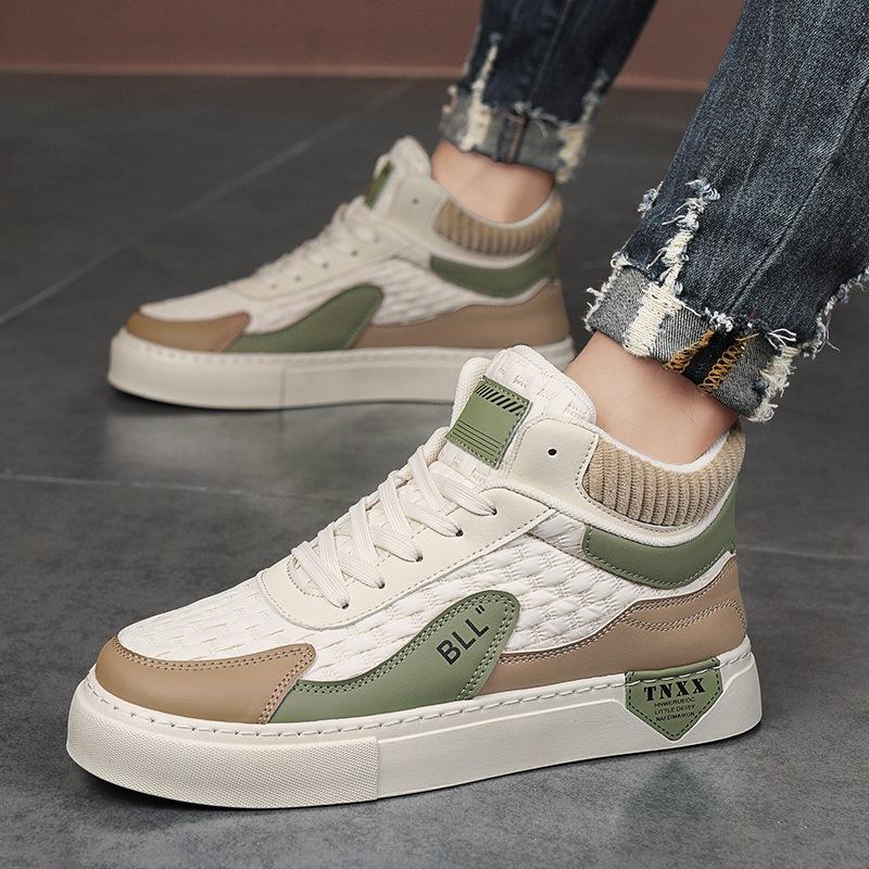 High-top board shoes men's autumn 2024 new casual flat men's shoes stitching versatile sports trendy shoes students and teenagers