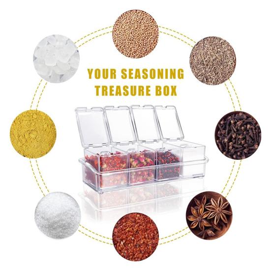 Yousheng Transparent Spice Container Set with Lids And Spoon 4-in-1 Kitchen Organizer for Salt Sugar Pepper Airtight Pantry Storage