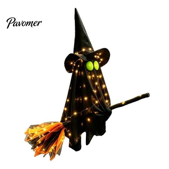 Creative Halloween Holiday Gifts Flying Ghost with Witch Broom, Large Lighted Hanging Decoration Waterproof Haunted House Supplies Hat for Lawn Patio
