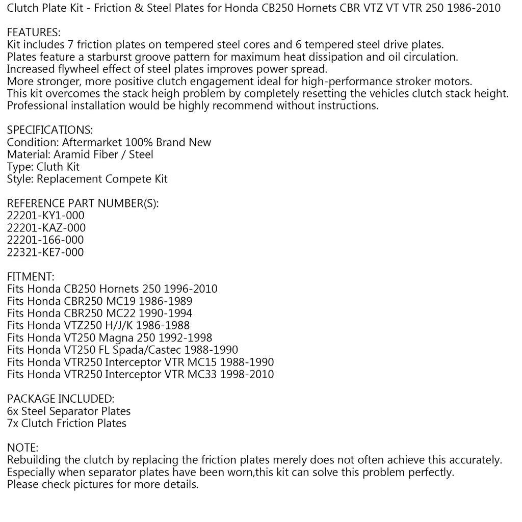 Clutch Kit Iron Friction Plates for Honda CB Hornets CBR VTZ VT VTR 250 86-10