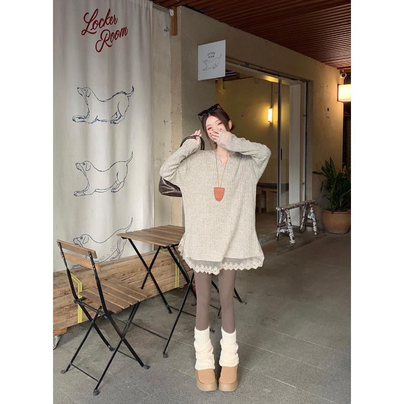 Designt Spitzenbesatz V-Ausschnitt Gestrickter Damen Winter Locker Schlankmachend Weich Wachsartig Gebürstet Verdickt Warm Pullover