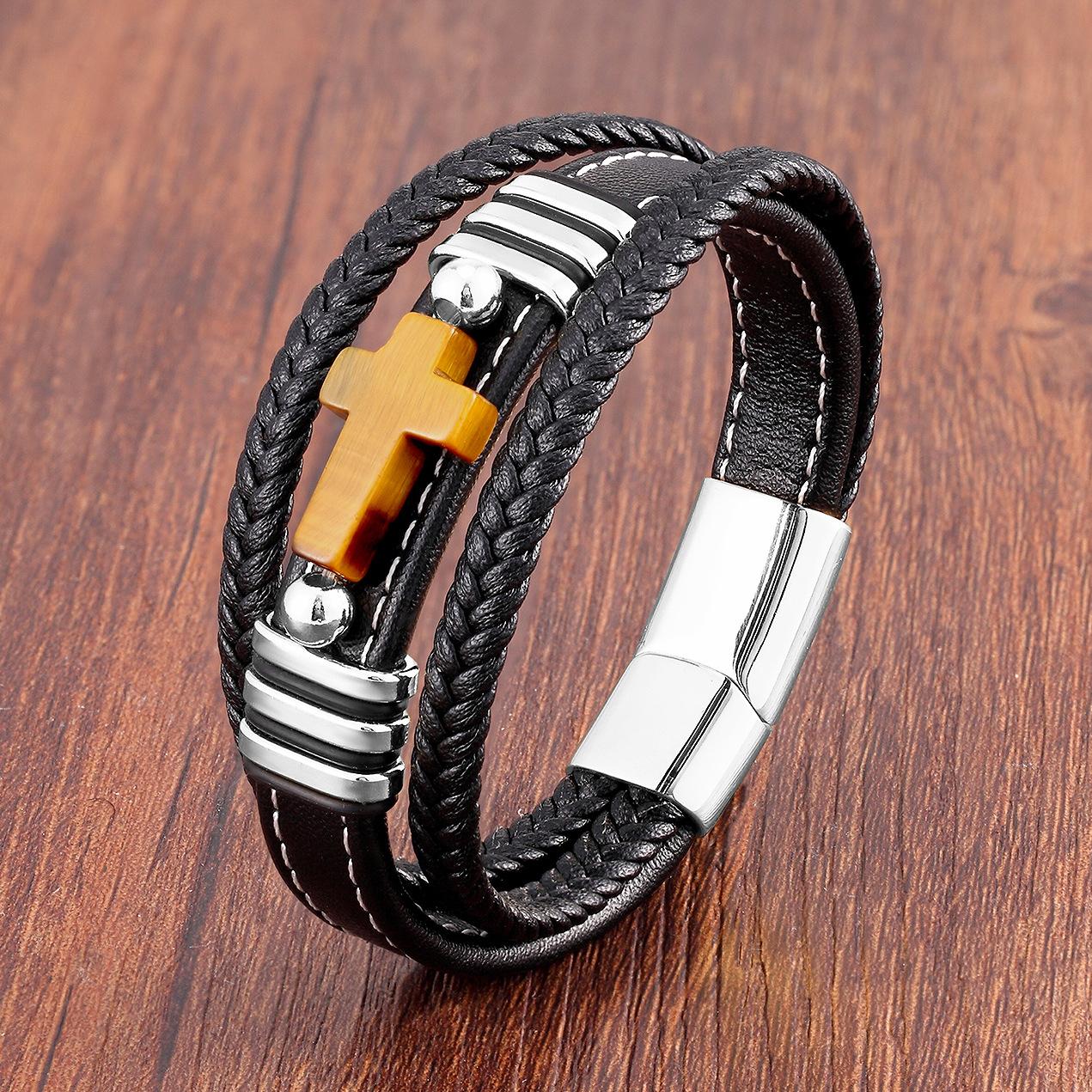 2026 European and American Stone Cross Jewelry Fashion Leather Rope Hand-woven Bracelet Bracelet Jewelry 21CM