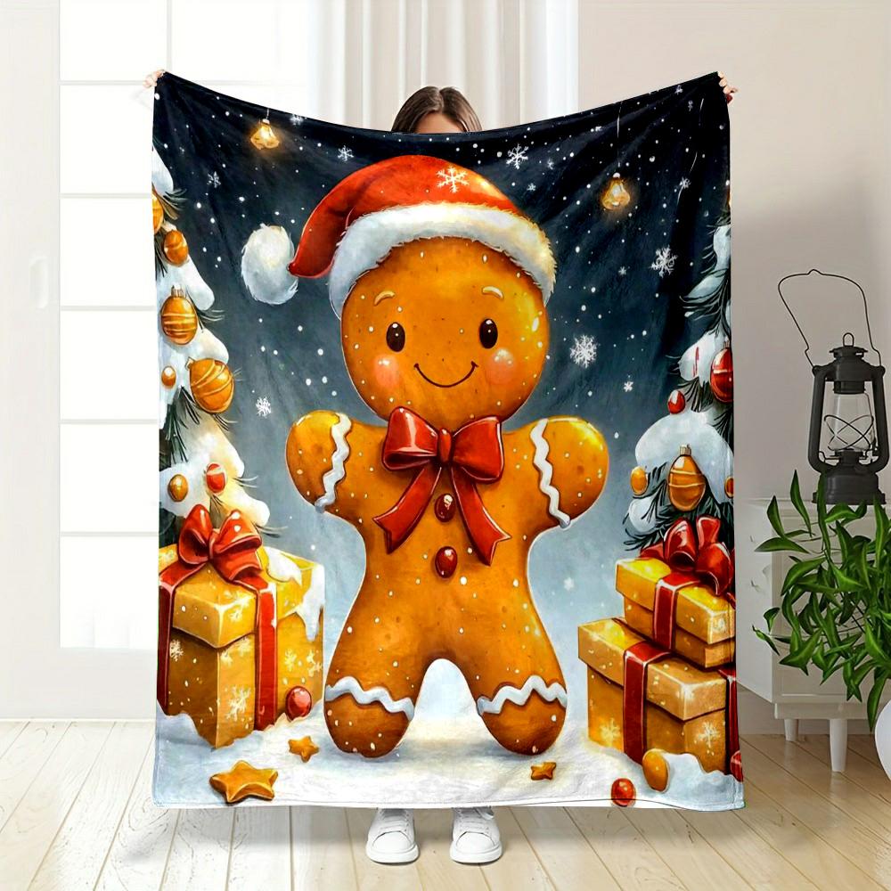Gingerbread Man with Christmas Decor Patterned Flannel Blanket Perfect for the Bedroom Living Room, Sofa, or a Little Nap