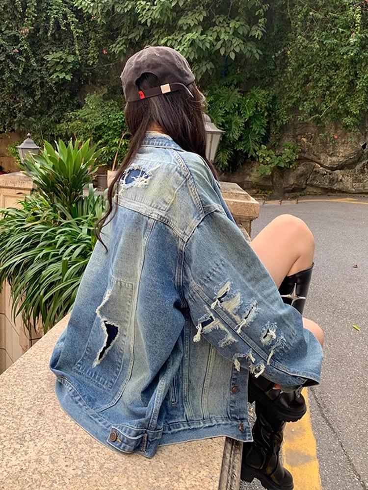 Women's American Retro Biker Denim Jacket - Ripped, Loose, BF Style for Spring/Autumn Hip Hop Vibe