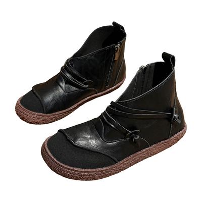 Flat Leather Retro Short Boots Fashionable Casual Women's Lace Up Outer Wear Stitching Color Leather Boots for Women with Heel