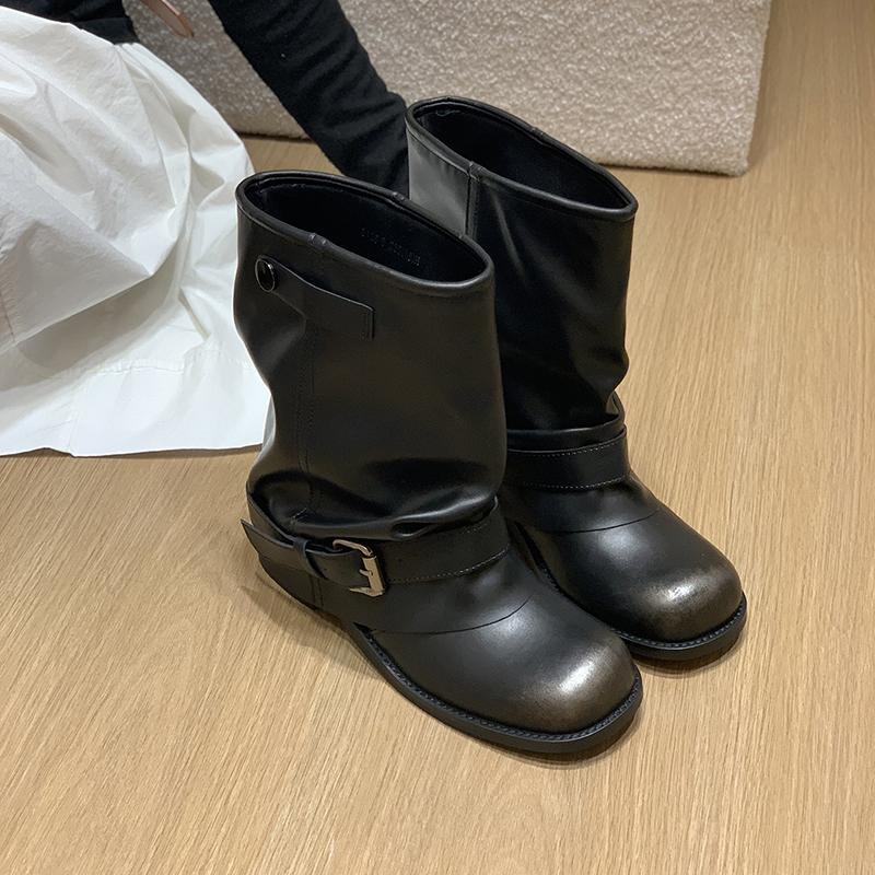 Autumn Vintage Pleated Women Western Ankle Boots Fashion Belt Buckle Thick Heel Shoes Ladies Elegant Party Dress Short Booties