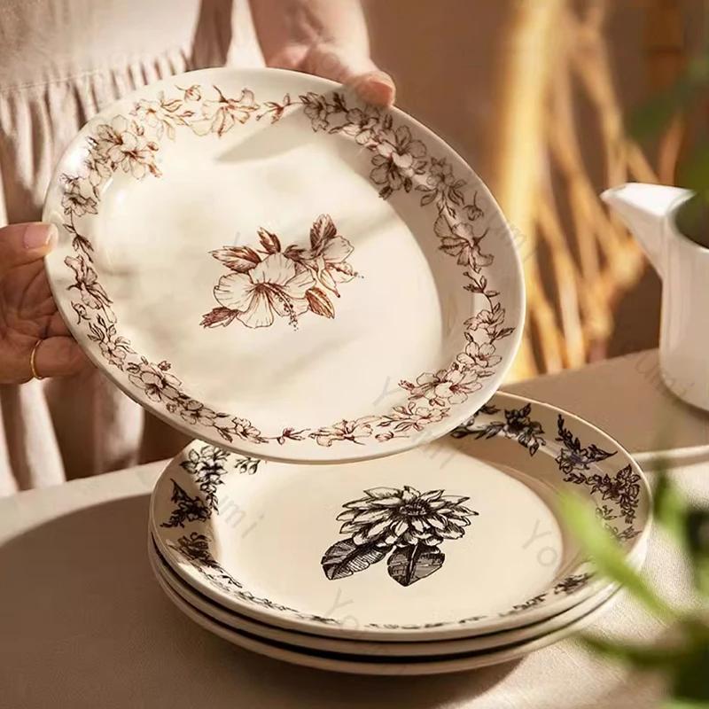 Retro Chinese Style Ceramic Plate Light Luxury Restaurant Plates Breakfast Dessert Trays Delicious Dishes Household Tableware