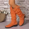 Plus Size Women's Knee High Boots Retro Belt Buckle Thick Heel Pleated Suede Shoes Autumn Winter Woman High Boots Comfortable Soft Sole Non Slip Desig