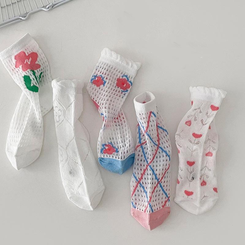 5Pairs Summer Mesh Socks for Girl Flower Stockongs Hollow Breathable Mid Tube Sock Floral Princess Children Cotton Socks 0-8Year