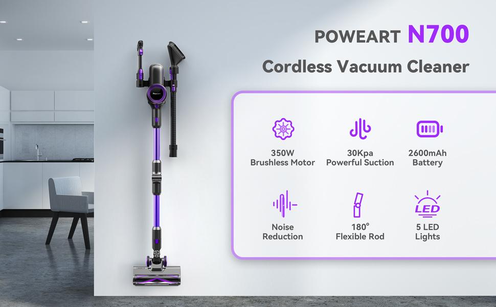 POWEART N700 Cordless Handheld Vacuum Cleaner Purple 30KPa Suction 2600mAh Battery