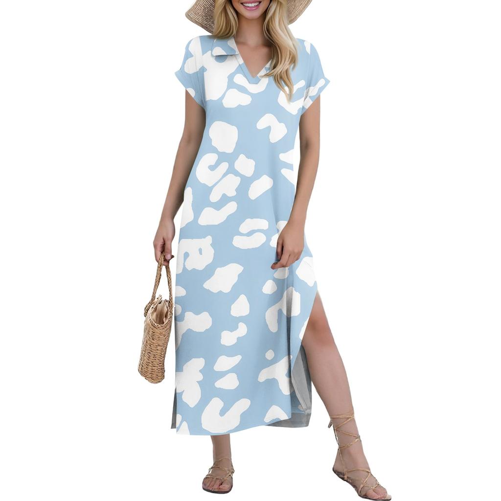 Women's Casual Comfortable V Neck Loose Hem Split Vacation Short Sleeve Floral Long Dresses