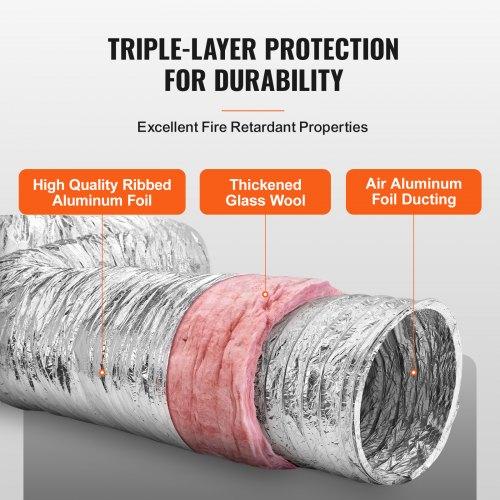 VEVOR Dryer Vent Hose, 203.2MM Insulated Flexible Duct 7.62M Long with 2 Duct Clamps