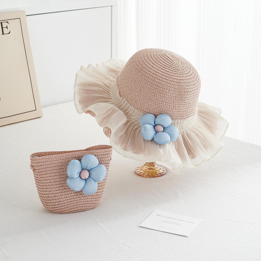 Girl Summer Straw Sun Hat And Bag 2pcs/set Breathable Wide Brim Beach Cap Children Girls Bucket Hat for Sun Protection