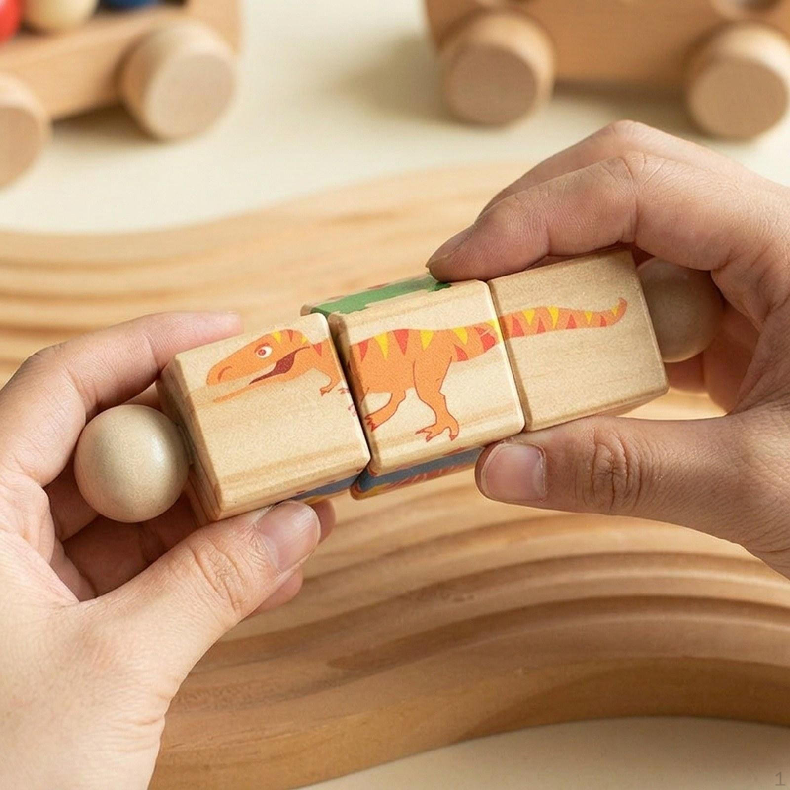 Toy Educational Puzzle Toy, Wood Construction Block, Rotating Block for Kids Birthday Gifts Dinosaur