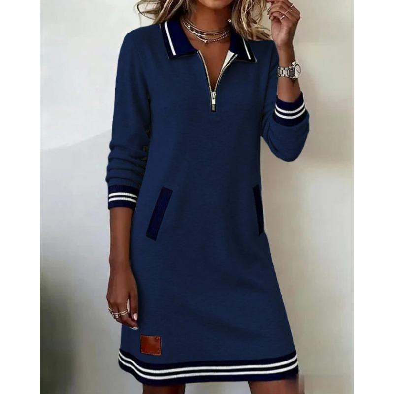 Women S Casual Long Sleeve Turn Down Collar Color Block Dress With Zipper Pocket