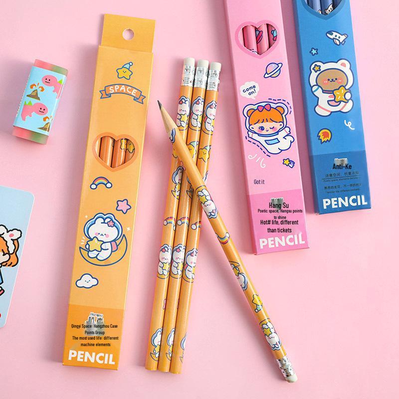 Cartoon Astronaut Pencil Set with Erasers - 4-Piece Kids' Drawing and Writing Stationery