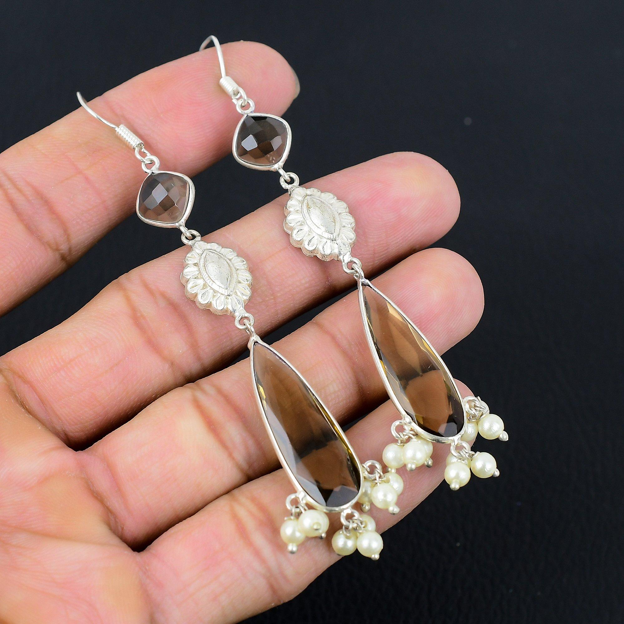 

Sisters Day Sale Pear Smokey Quartz Gemstone 925 Sterling Silver Dangle Earrings
