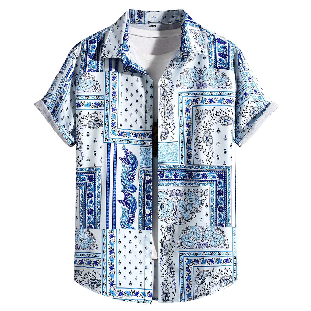 

Men s Blue & White Cashew Print Retro Casual Short Sleeve Shirt - 2023 Summer Collection, Four-Way Stretch M