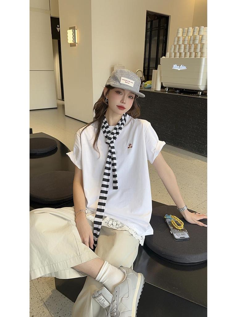 Ice Porcelain Women's Cotton White Short Sleeve Round Neck Print T-shirt, Plus Size Casual Top 2025.