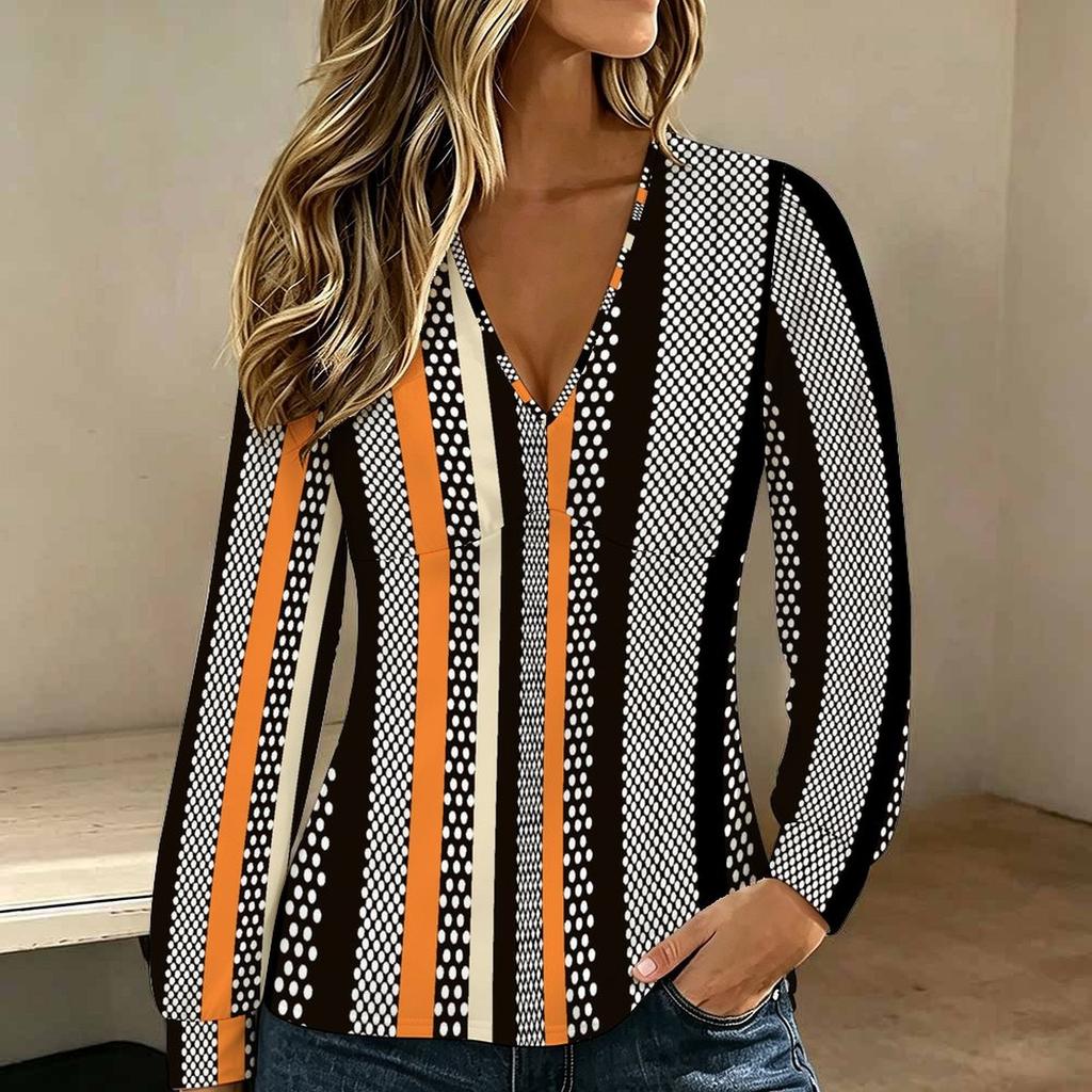 Plus Size Women V Neck Lantern Long Sleeve Top Color Block Print Slim Fit Casual Blouse