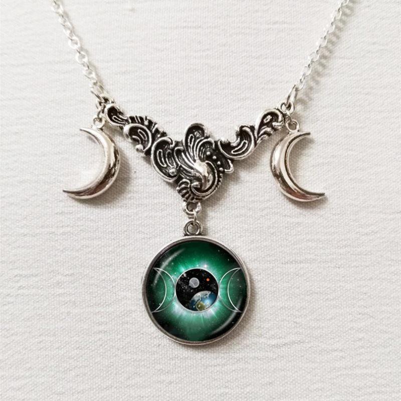 Triple Moon Silver Necklace with Full Moon and Crescent Pendant