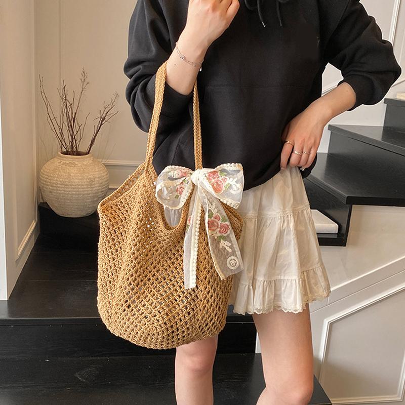 Yogodlns Solid Color Crochet Tote Handbag Summer Beach Scarf Decor Fashion Women's Mesh Woven Shoulder Bags Large Capacity Knitting Underarm Bag