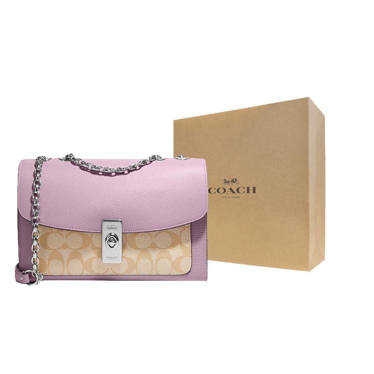 New COACH Lane Coated Canvas With Pebbled Leather Portable Crossbody Bag Shoulder Bag Women's Khaki Monogram & Pink CC330-SVV7O