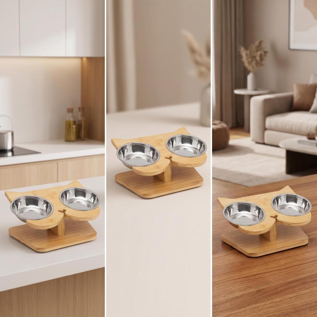 Wooden Pet Feeding Stand with Stainless Steel Bowls Compact for Cats, Young Dogs