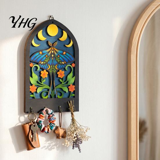Entryway Organizer for Keys Bohemian Wooden Key Hanger, Decorative Wall Mounted Holder with 4 Metal Artistic Hooks Small Items Hooks, Hanging
