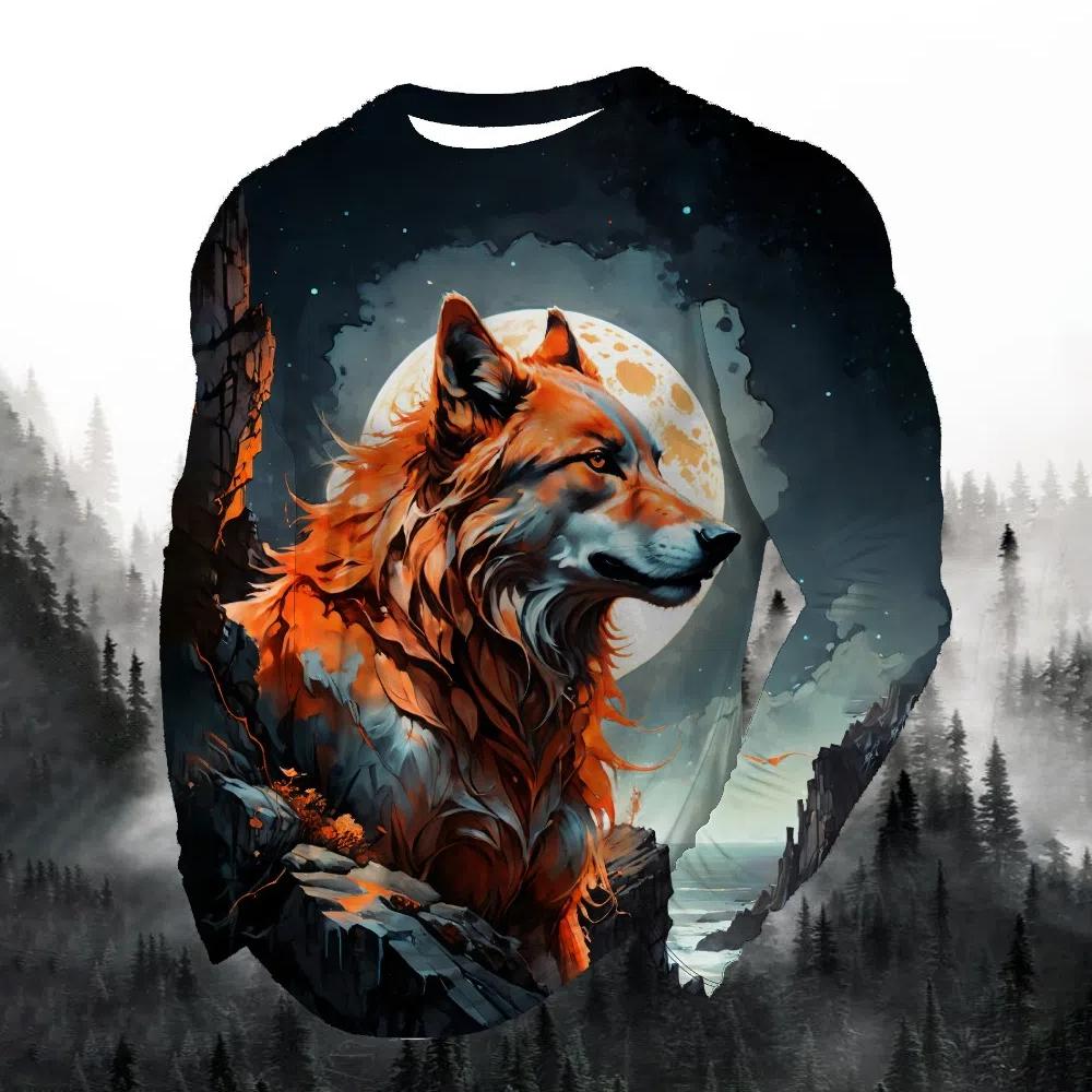 2024 men's fashion print round neck long sleeve party autumn sports casual pullover men 3d lonely wolf blue print tops