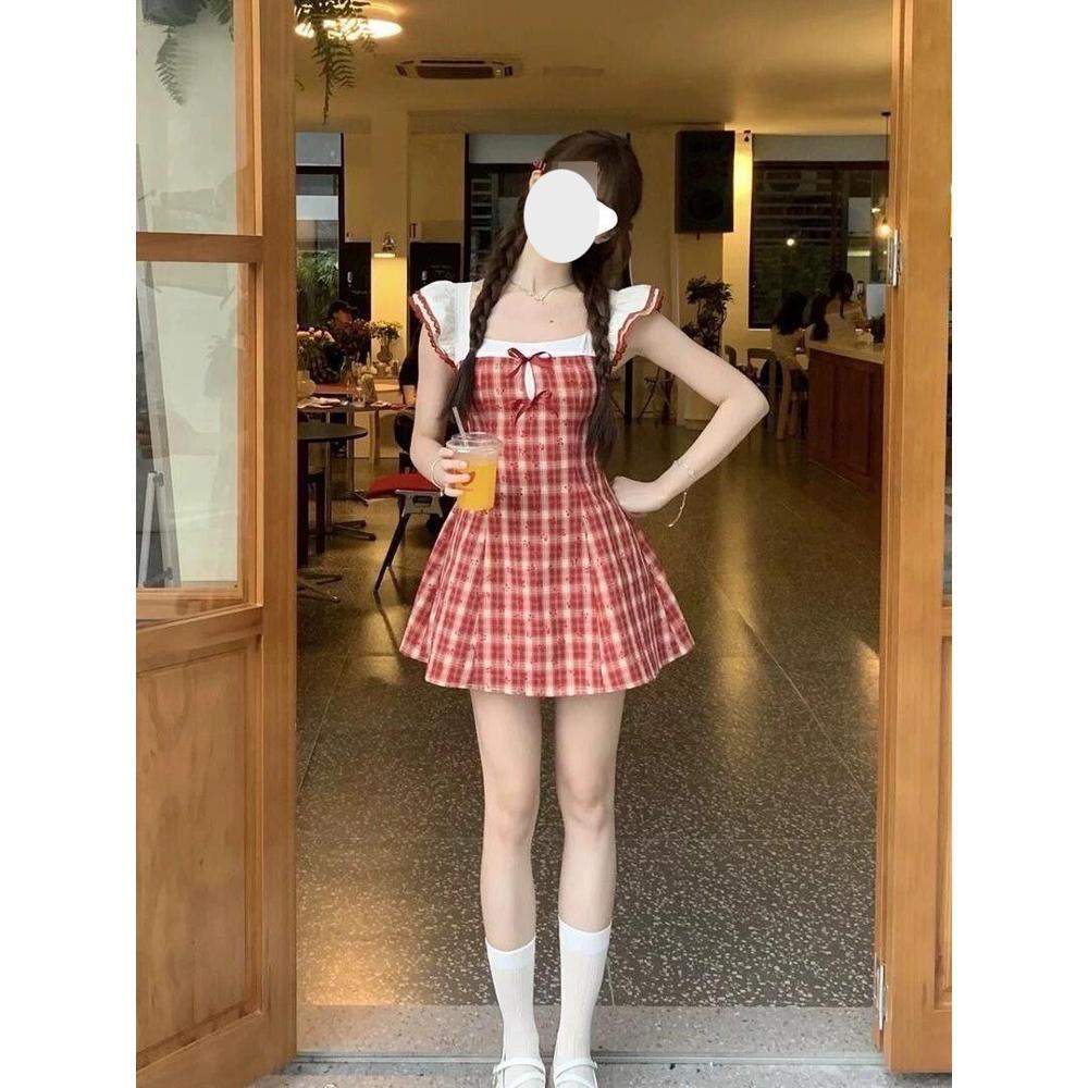College Style Retro Red Plaid Lace Splicing Dress Women's Summer Small Waist and Thin Short Skirt