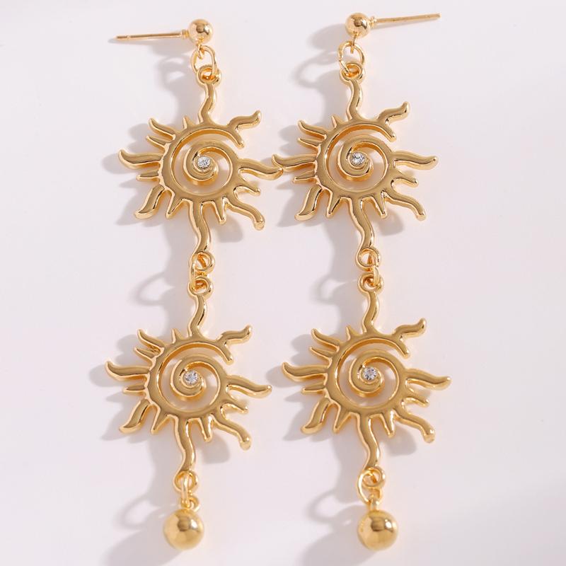 Fashion Metal Sun Long Pendant Earrings Bracelet for Women Retro Ethnic Style Gold Color Spiral Hand Chain Chic Jewelry Set