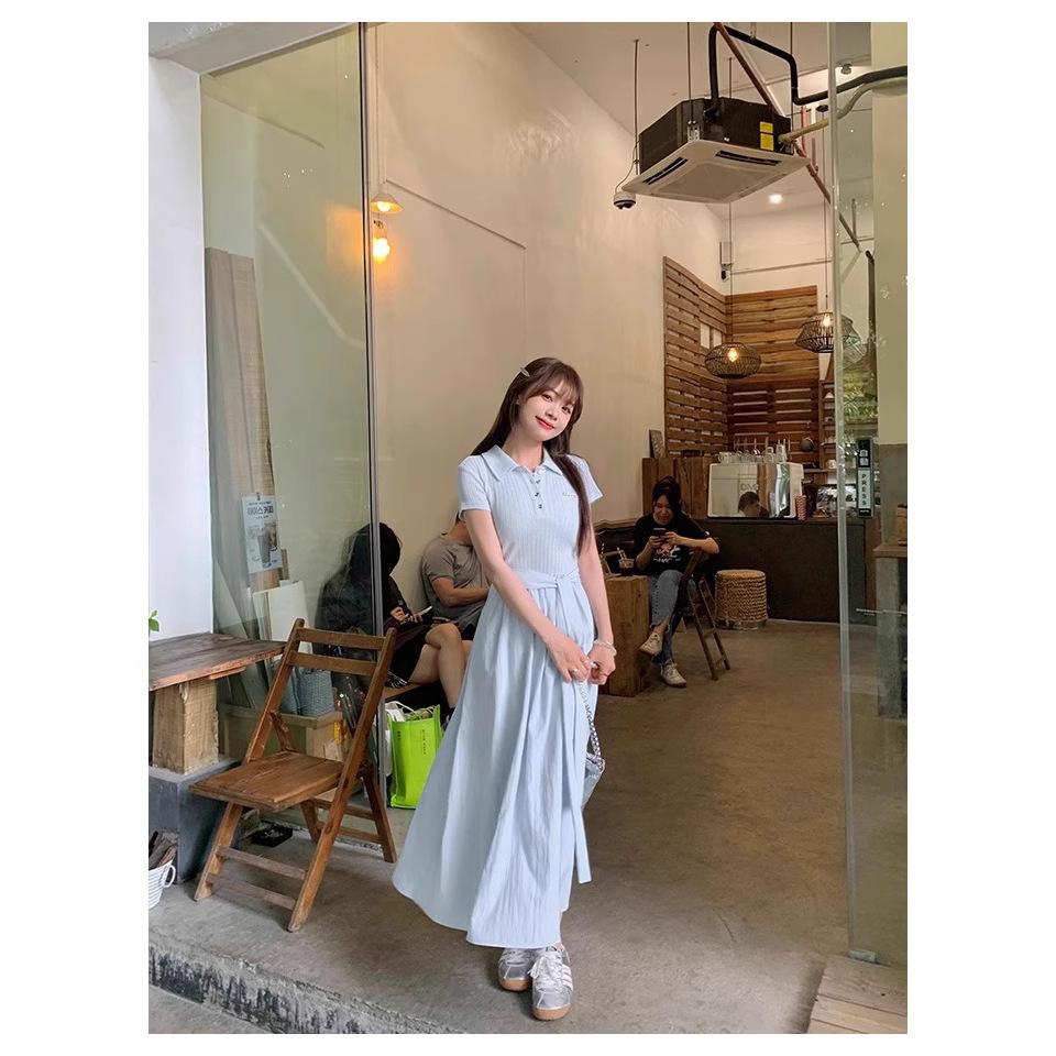 Small Woman Summer Temperament Design Sense Unique Beautiful Dress Blue Generous Short-sleeved Skirt