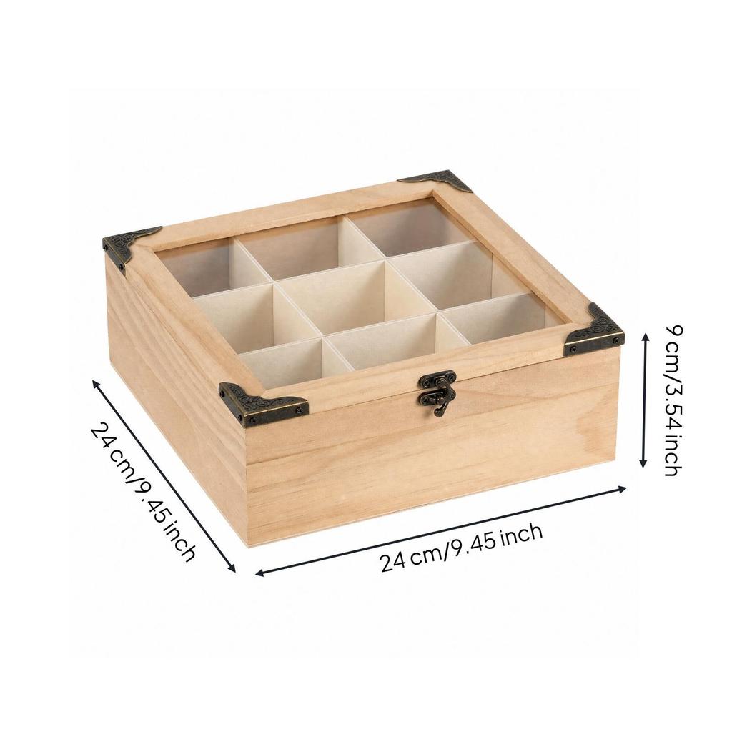 Tea Storage Box with Glass Lid Divided Interior for Kitchen