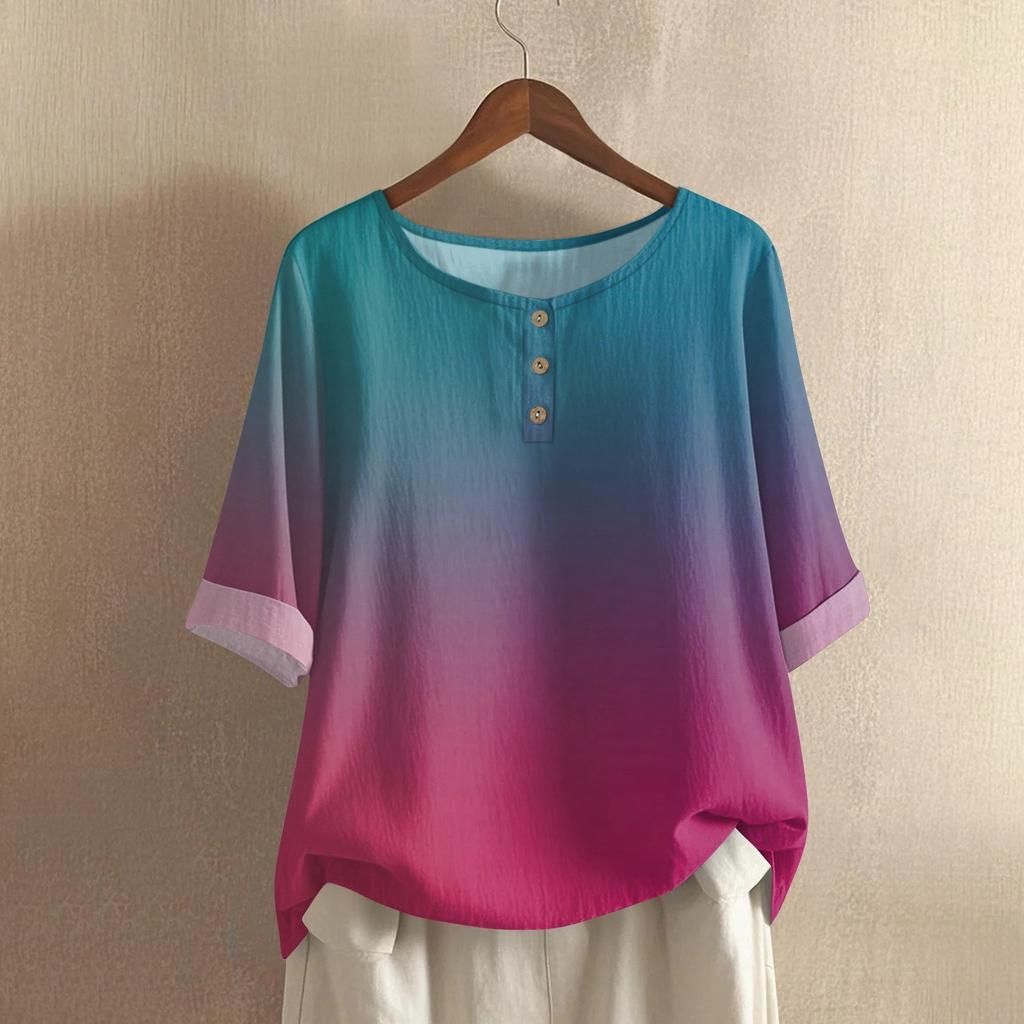 Women's Fashionable And Casual Shirt Half-sleeve Round Neck Print Cotton And Linen Blouse Top