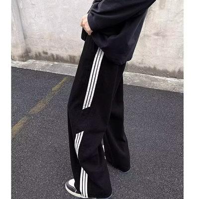 Τζιν ίσια γραμμή με τρεις μπάρες ανδρικό casual απλό για καθημερινή χρήση ευέλικτο με κρεπέ χαλαρή φαρδιά μπαγκέτα κρεπέ παντελόνι