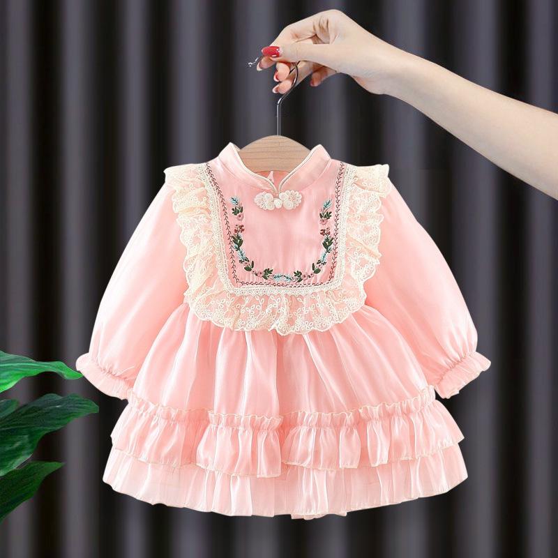 Children's Clothing Girls' Dress Autumn and Winter Children's Chinese Lace Embroidered Long Sleeved Princess Dress Baby