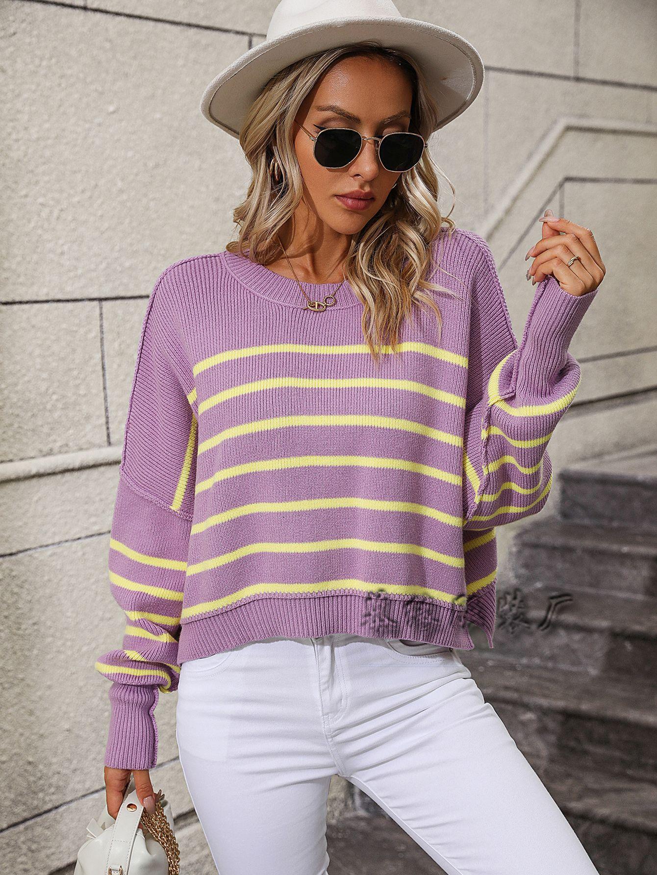 Autumn and winter new European and American crew neck women s knitted sweater loose pullover striped sweater women S