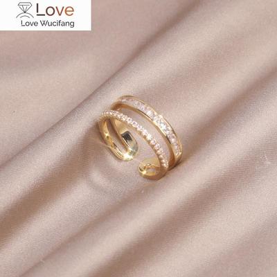 Korea  Fashion Jewelry 14K Real Gold Plating Double Zircon Ring Elegant Women's Opening Adjustable Daily Work Accessories