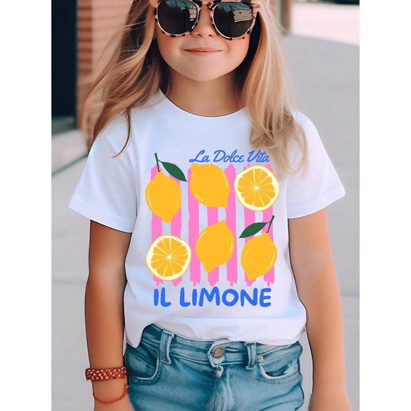 European sizes Summer Fashion Girls' Short Sleeve T-Shirt with Lemon and Lemon Slice Cartoon Print Casual Top