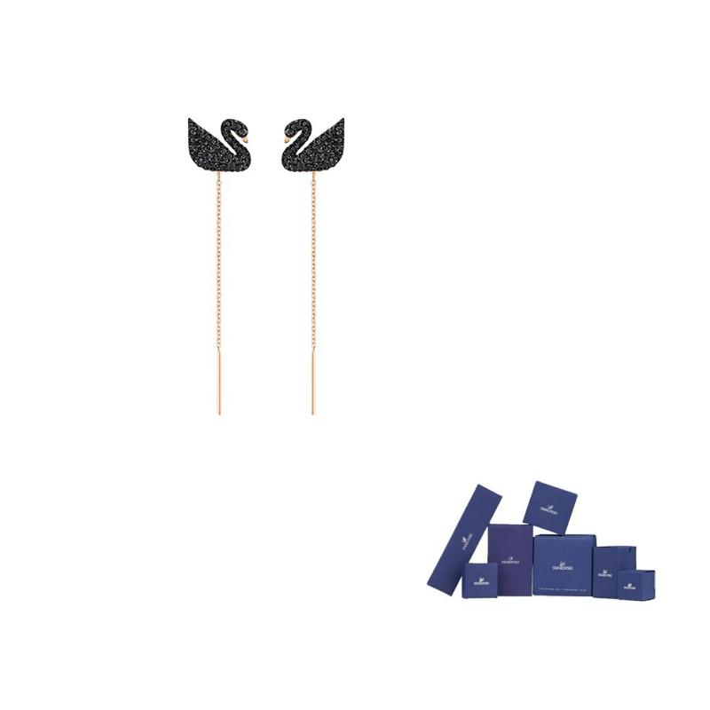 Swarovski Swan Artificial Crystal Earrings Womens Black Original brand box
